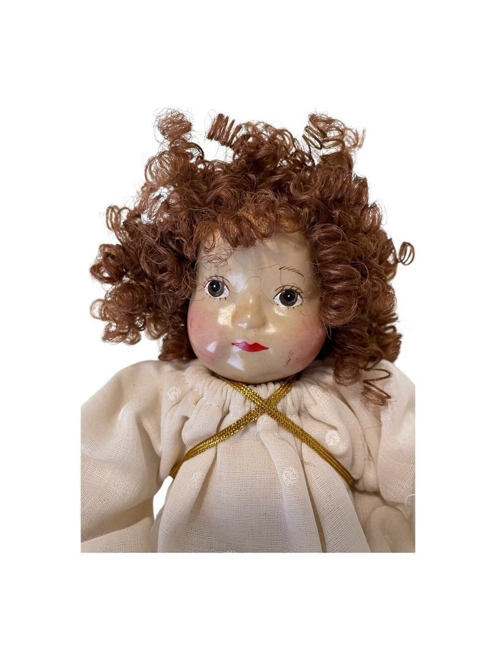 Vintage Porcelain Angel Doll with Curly Hair, White Outfit, Gold Wings Soft Body